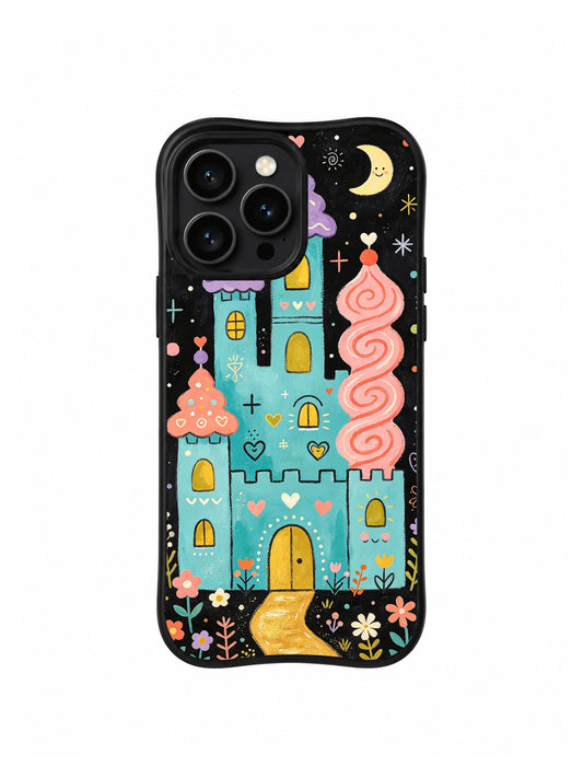 The Midnight Candy Castle: A tall coral spiral on the right, purple roof on the left and tiny hearts above a golden doorway.