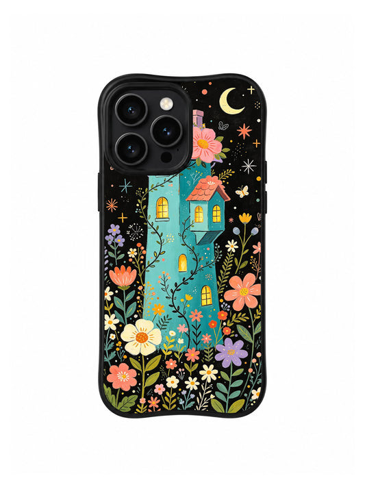 Moonlit Turquoise Academy: A curving tower with a coral-roofed room projecting right above dense multicolored daisies.