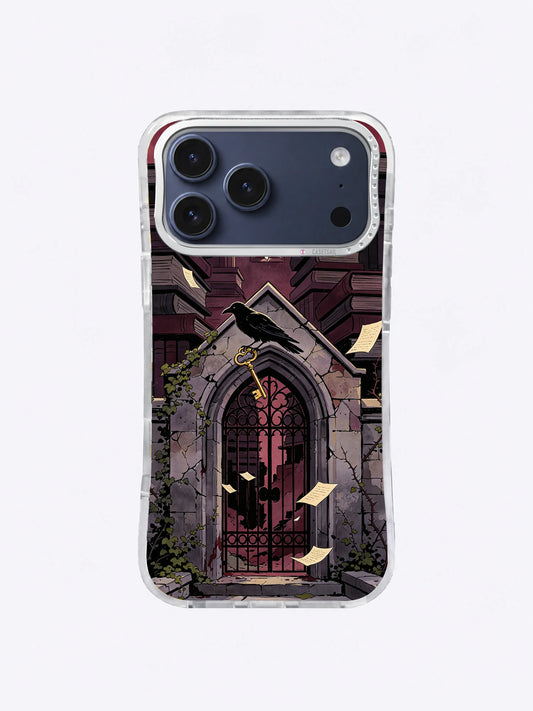 Black raven carrying an antique brass key across a cracked burgundy academy gate