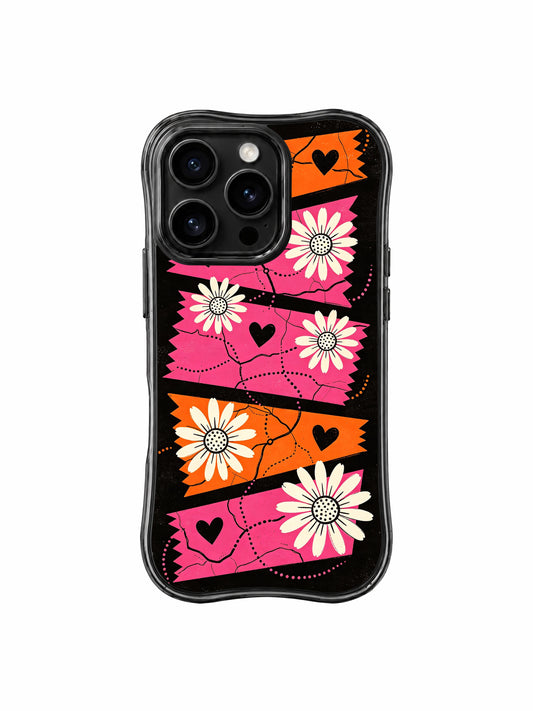 Ruby Daze Wild Orange Daisy Map Wavy Black Frame MagSafe iPhone 16 Pro Case | Retro Travel Map Collage Dot Route Daisy Heart Pop Art Casing by PhoneCasing