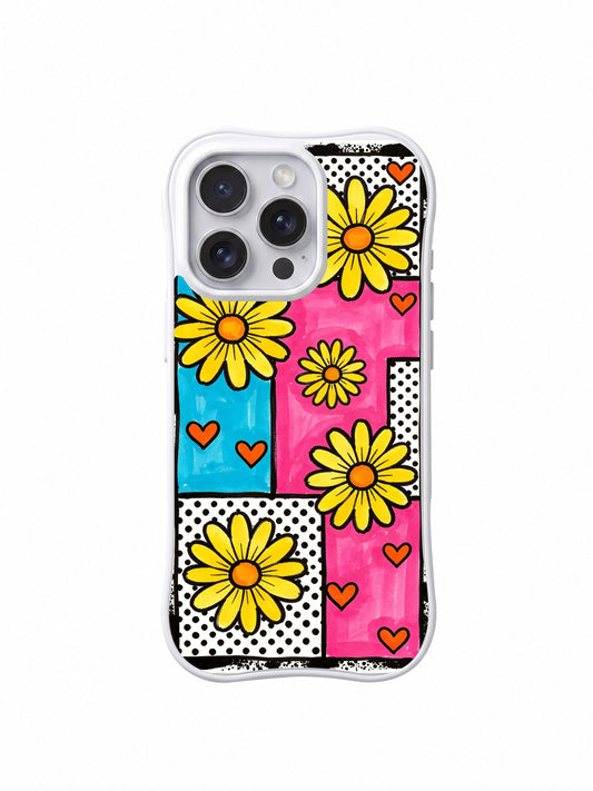 PhoneCasing iPhone 16 pro Case with soft wavy white frame featuring Ruby Daze Lemon Pop Daisy Grid retro candy patchwork mint pink grid dot lemon daisy orange heart pop illustration, premium upbeat joyful floral casing for young women.
