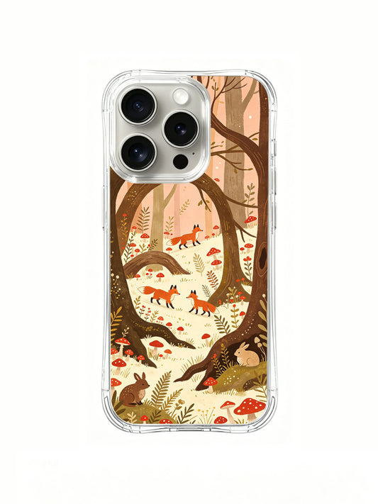 Whispering Mushroom Forest: Orange foxes and small rabbits below arching brown trees, with red mushrooms and ferns.