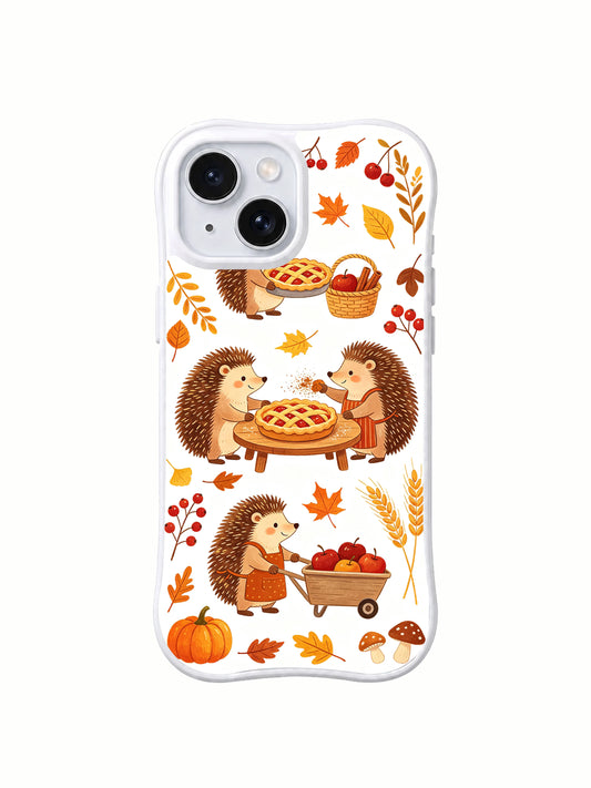 Apple Pie Hedgehog Parade: Two hedgehogs sharing a lattice pie at a small table, with other hedgehogs gathering apples in a cart and basket.