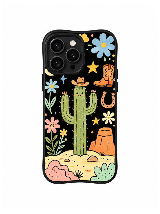 Cowboy Cactus Wildflower Night: A tall cactus wears a cowboy hat among boots, horseshoes, stars and wildflowers.
