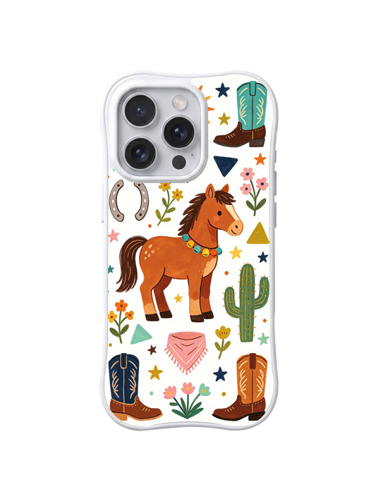 Desert Pony Boot Garden: A brown pony stands among cowboy boots, horseshoes, cacti and desert flowers.