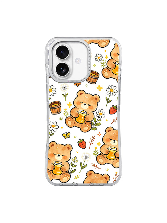 Daisy Honey Nap: Little brown bears hold honey jars among daisies, bees, strawberries and grass.