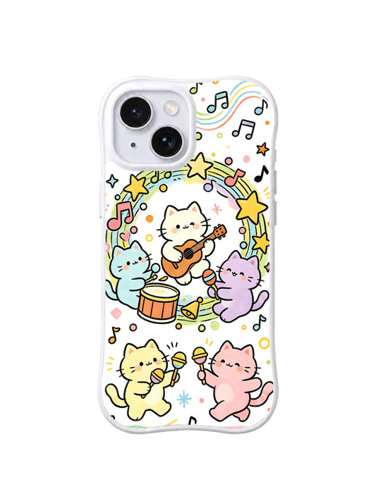 Rainbow Cat Band: Pastel kediler müzik notaları, yıldızlar ve gökkuşağı vurguları altında gitar, davul ve marakas çalar.