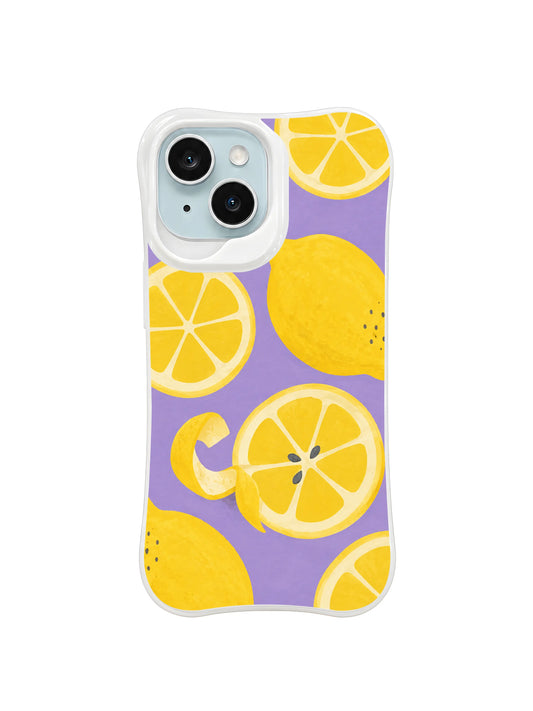 Lavender lemon iPhone case artwork with whole lemons, slices, and a curled peel