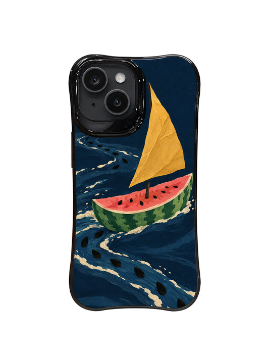 The Watermelon Paper Sail pattern one with watermelon rind boat and ochre sail on navy water
