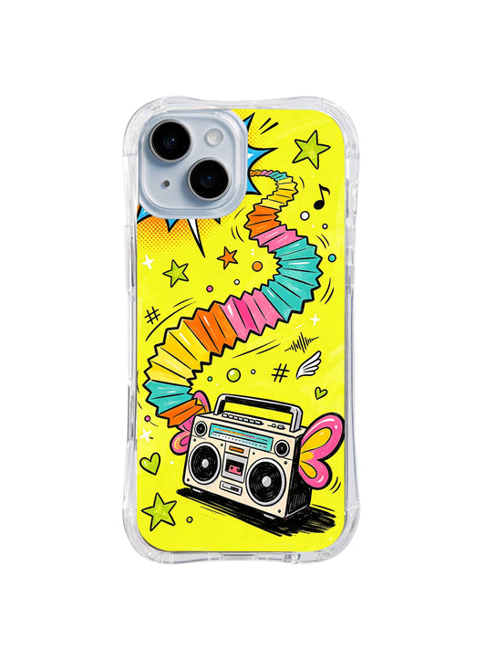 Butterfly Beat Box: Winged twin-speaker boombox beneath a winding rainbow ribbon on yellow.