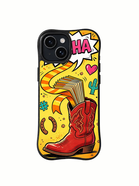 Golden Trail Boot: A broad curling ribbon and folded fan above a red boot, with a pink heart at the upper right.