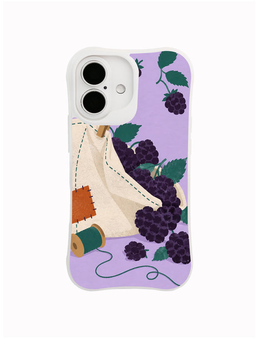 Elowen Bramble blackberry pocket iPhone case pattern with cream cloth, rust patch and dark berries