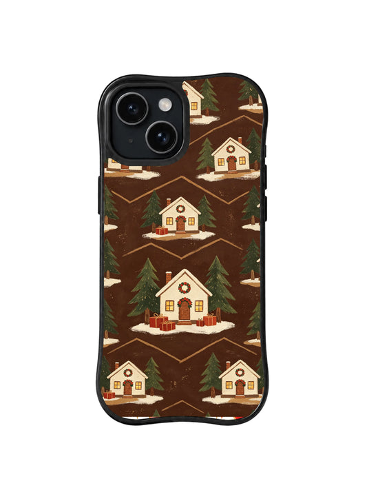 Chocolate brown iPhone 15 case with cream cabins, evergreen trees and red wreaths, pattern one
