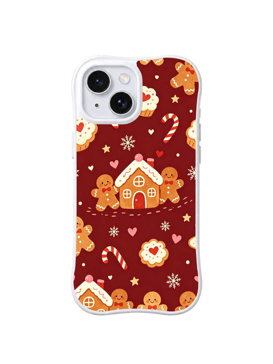 Gingerbread Snow Party: Gingerbread houses, figures, candy canes, cookies, hearts and snowflakes repeat on burgundy.