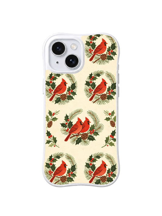 Cardinal Winter Garden iPhone 15 case with red birds, holly and pine on ivory – pattern 1