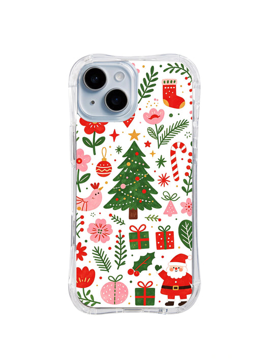 Christmas Magic Garden: A central green tree surrounded by flowers, sprigs, presents and Santa.