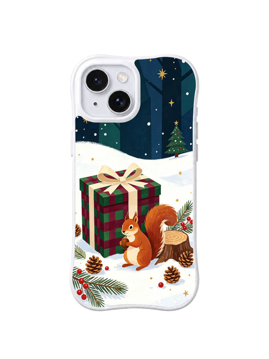 Christmas squirrel beside a giant plaid present on an iPhone 14 case, pattern one