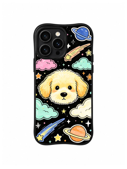 Planet Cloud Puppy: A golden puppy appears between pastel clouds, shooting stars and ringed planets.