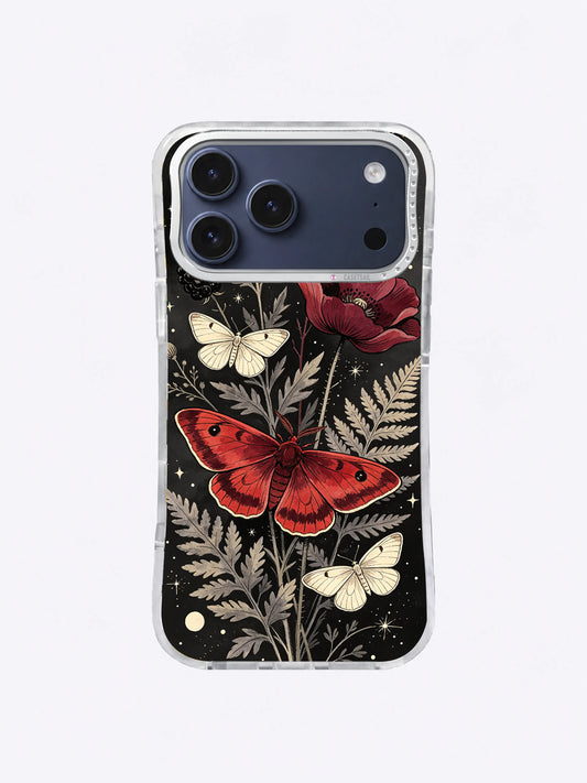 Crimson moth iPhone case pattern with ivory moths, burgundy poppies, sage ferns, and black background