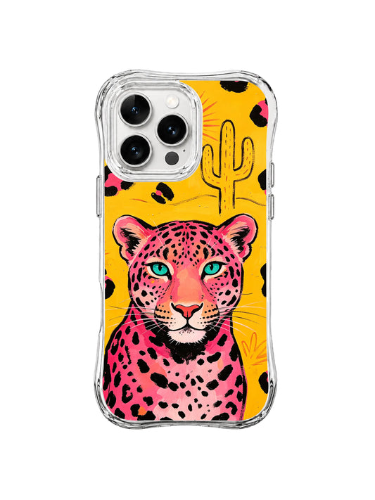 Pink cheetah with turquoise eyes beneath a cactus on yellow clear-edged iPhone 13 Pro Max case