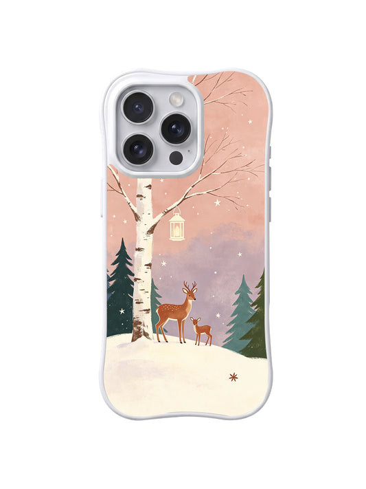 Birch Lantern Deer: A deer and fawn beneath a lantern hanging from a pale birch tree.