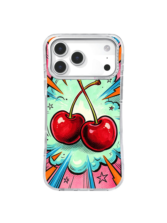 Electric Cherry Burst mint cloud cherry collision artwork on an iPhone 17 Pro Max case