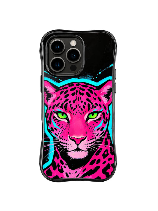 Hot pink leopard portrait with green eyes and turquoise zigzag accents on black iPhone 13 Pro Max case