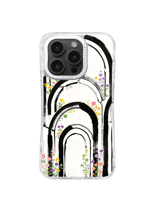 Emotional Rainbow Architecture iPhone 16 Pro Max case with black arches and colorful wildflowers