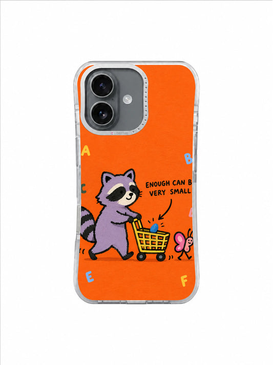 Tiny Cart Journey artwork for Enough Can Be Very Small iPhone 16 Case, lavender raccoon pushing a yellow cart with a blue pebble