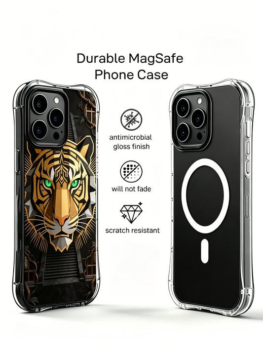 Fog rainforest tiger design PhoneCasing, artistic iPhone 14 Plus Case featuring ancient rune pattern, durable scratch resistant phone casing.
