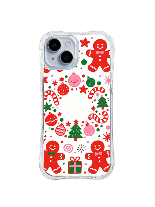 Gingerbread Joy Dance: Red cookies and candy canes around an open-centered ornament ring.