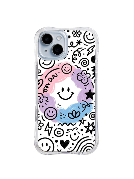 Smile Orbit: Black smileys, flowers, hearts, lightning and spirals cluster around pink, lavender and blue patches.
