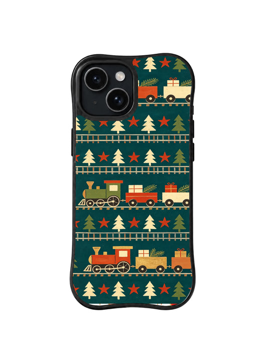 Deep teal iPhone 15 case with red toy trains, cream fir trees and folk stars, pattern one