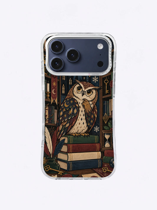 Snowfall Scholar Owl artwork on an iPhone 17 Pro Max case