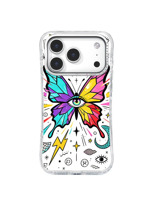 Geometric Wing Eye: A small green-blue eye forms the center of angular turquoise, pink, yellow and purple wings.