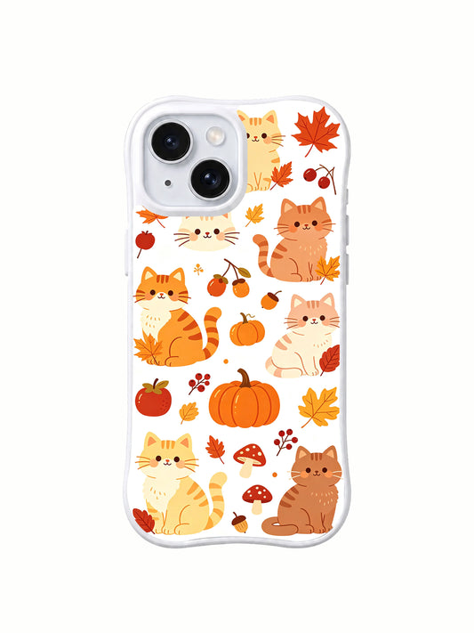 Maple Cat Thanksgiving Stroll: Seated cream, orange and brown cats with striped tails, pumpkins, apples, maple leaves and small spotted mushrooms.