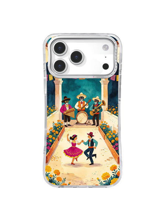 Marigold Welcome Dance iPhone case with friendly skeleton band and dancers