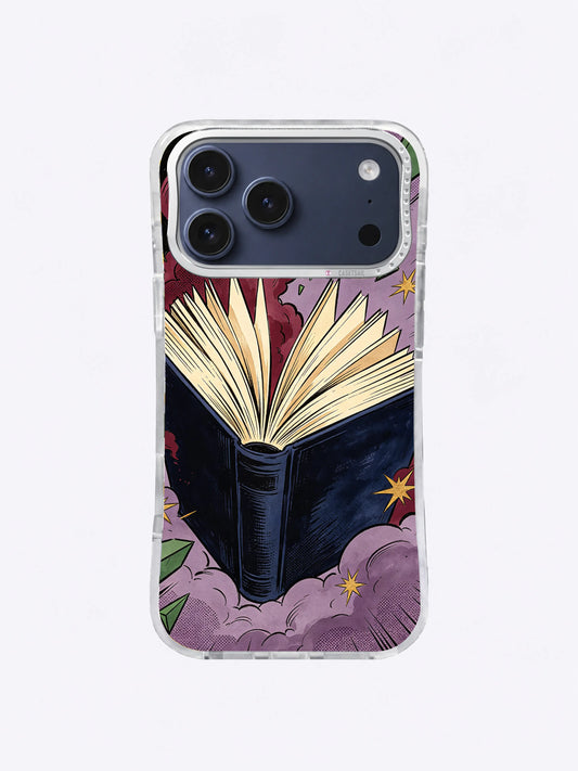 Midnight Book Burst iPhone case with an open navy book, fanned cream pages, burgundy rays, lavender clouds, green shards, and gold stars