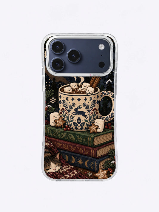 Midnight Cocoa Club iPhone case with a blue floral mug, smiling marshmallows, stacked books, stars, leaves and curling steam