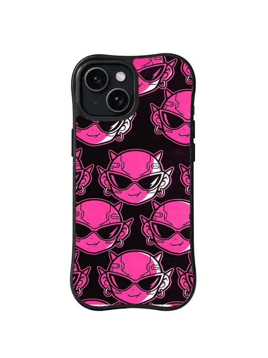 Midnight Visor Faces: Large hot-pink visor faces with flame-like outlines repeat across black.