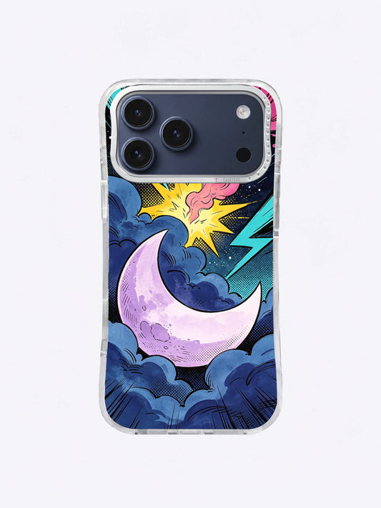 Moon Collision lavender moonfall artwork on an iPhone 17 Pro Max case