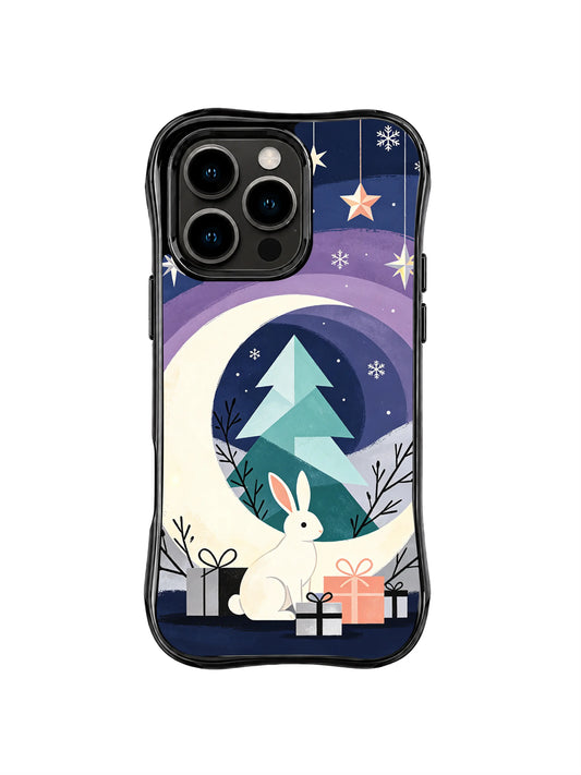 Moon rabbit iPhone 15 Pro case with pale crescent, mint fir, gifts and hanging stars