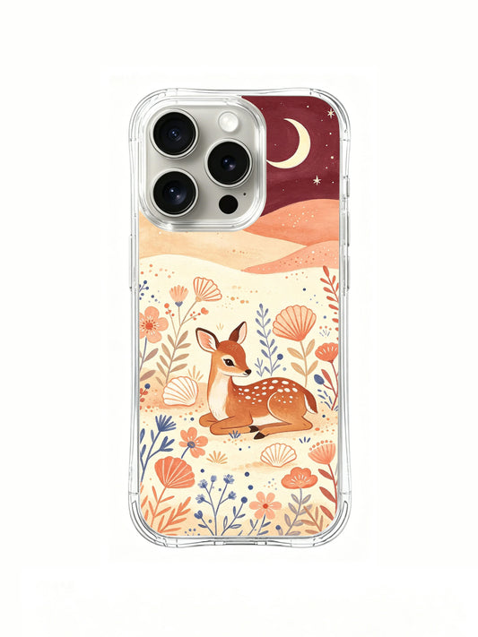 Moon Shell Fawn: A resting spotted fawn among peach shells and blue branching plants beneath dunes and a pale crescent.