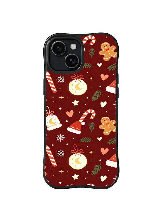 Moon Charm Gingerbread: Gingerbread figures, candy canes, hats, hearts and moon ornaments repeat on burgundy.