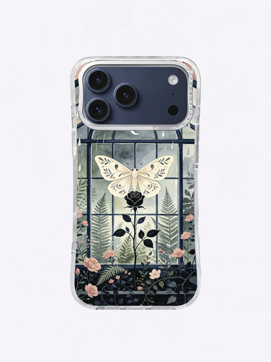 The Moth Conservatory iPhone case, Cream Moth Black Rose artwork