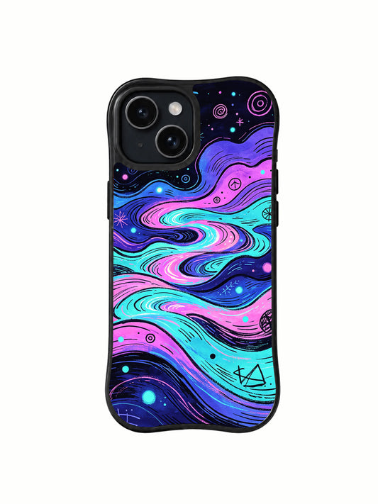 Neon Dream Language iPhone 15 Plus case celestial wave artwork close-up