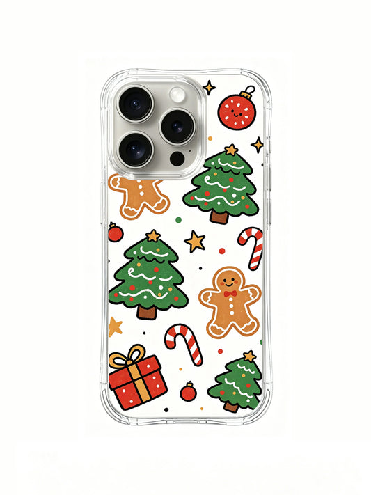 Little Christmas Treats: Green trees and cookie characters with red gifts and candy canes.