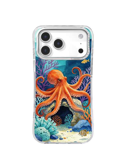 Burnt-orange octopus framed by violet coral on an iPhone case