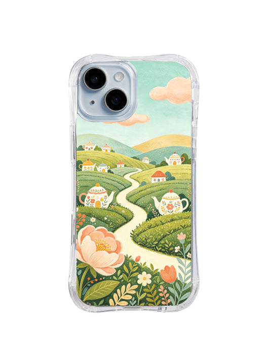 Peach Teapot Valley: Teapot cottages sit among green fields, peach clouds, a winding road and large flowers.
