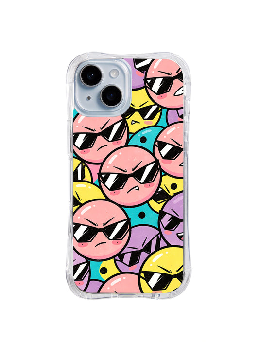Peach Round-Face Rally: Peach, aqua, yellow and lavender round faces in black angular sunglasses overlap closely.